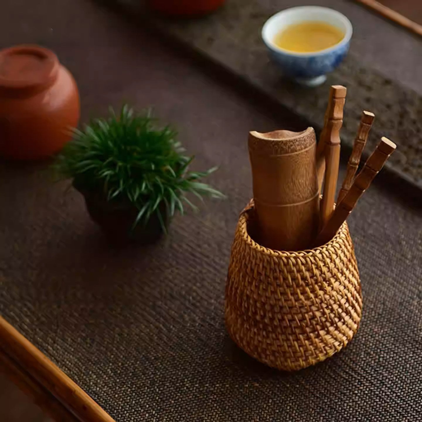 A Set of Bamboo Tea Utensils with Rattan Tea Caddy