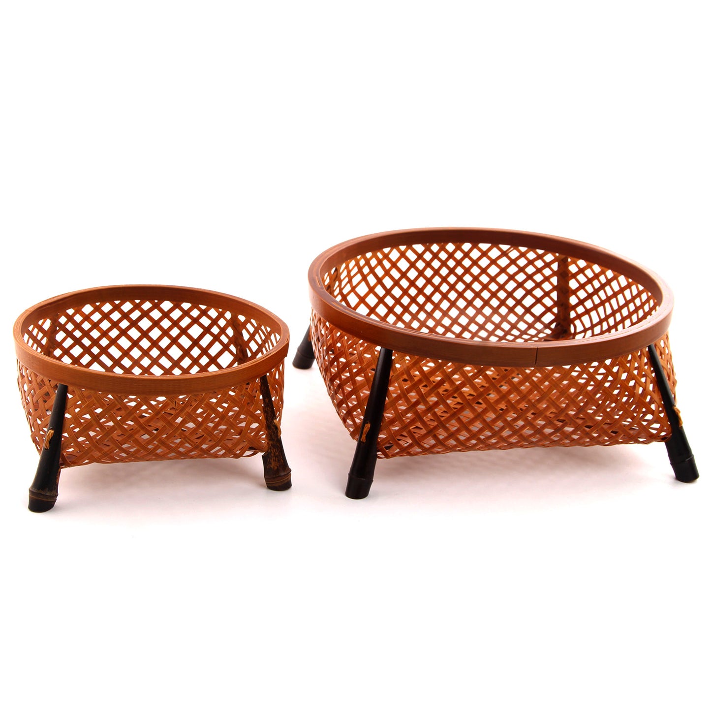 Handwoven Natural Bamboo Nesting Storage Baskets - Set of 2 with Black Legs