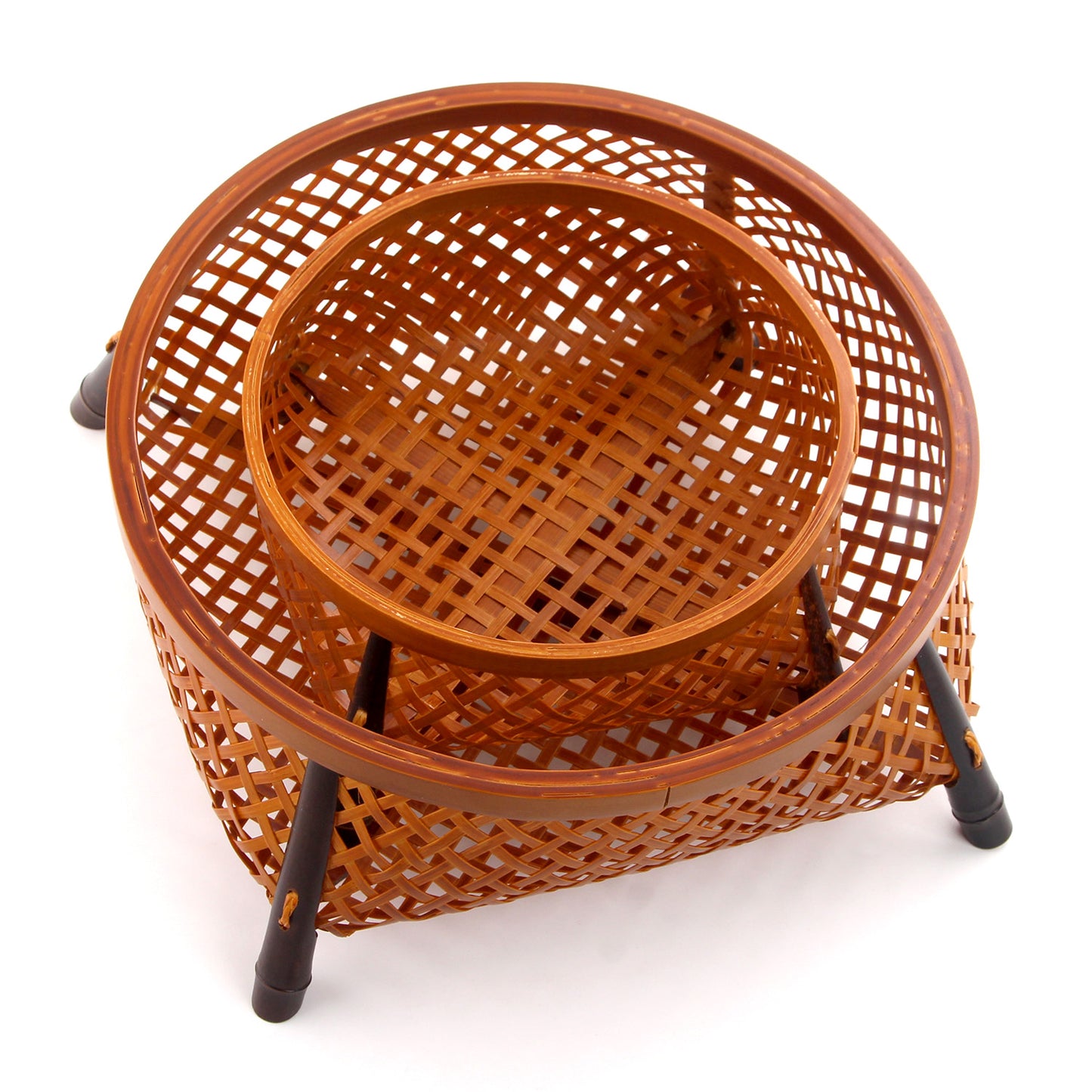 Handwoven Natural Bamboo Nesting Storage Baskets - Set of 2 with Black Legs