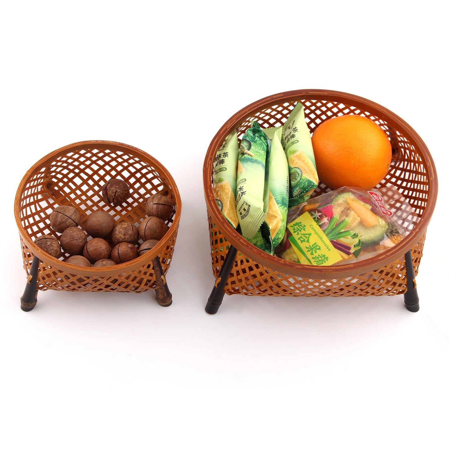 Handwoven Natural Bamboo Nesting Storage Baskets - Set of 2 with Black Legs