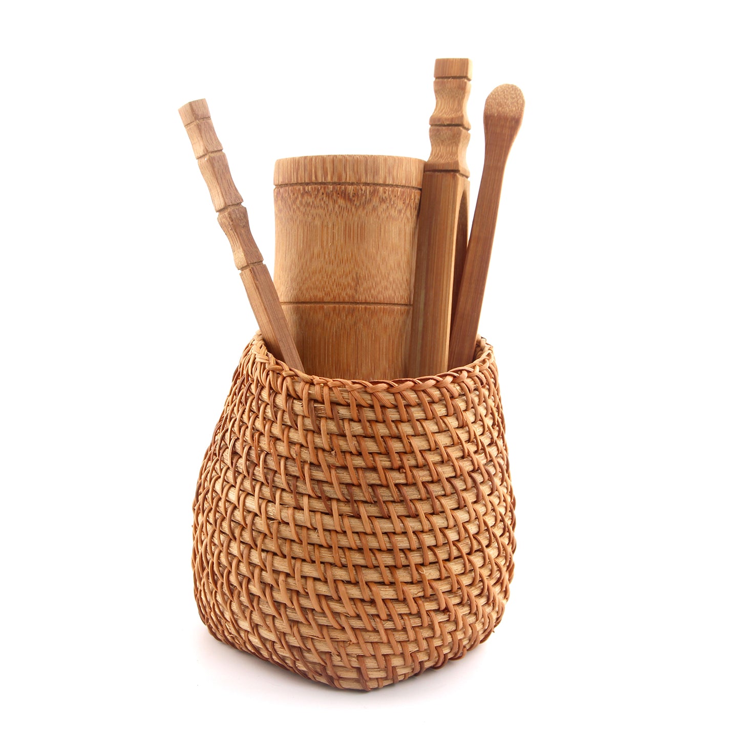 A Set of Bamboo Tea Utensils with Rattan Tea Caddy