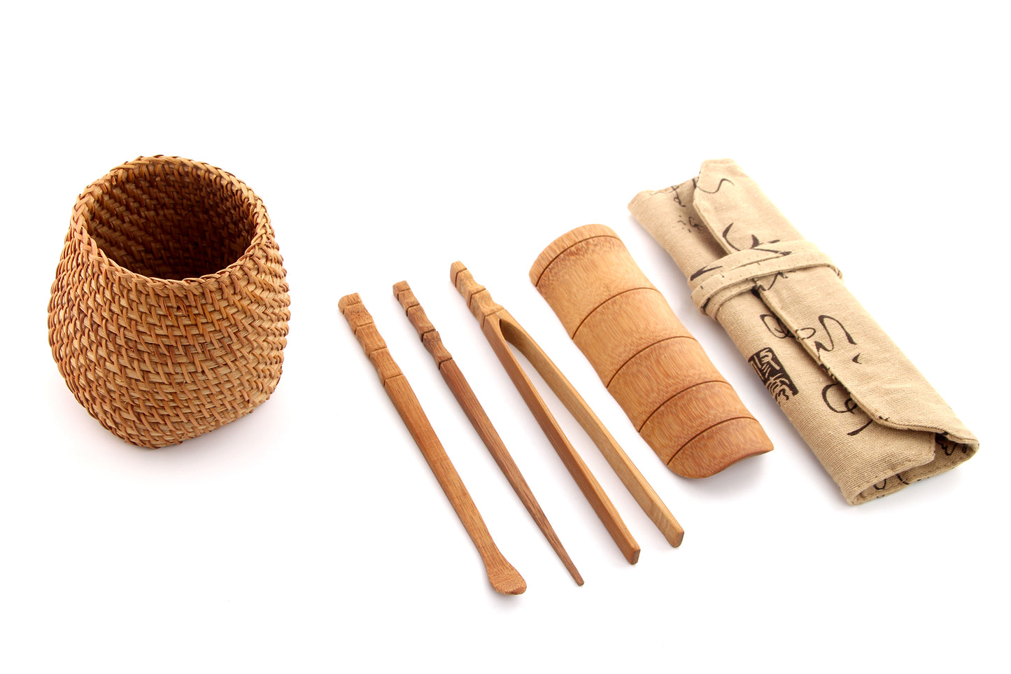 A Set of Bamboo Tea Utensils with Rattan Tea Caddy